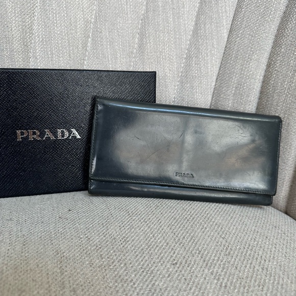 Prada Handbags - PRADA Dark Grey Patent Leather Long Wallet